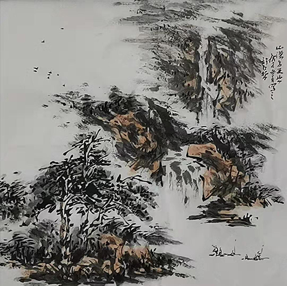 许红哲作品6《流瀑惊飞鸟》  尺寸：35X35cm